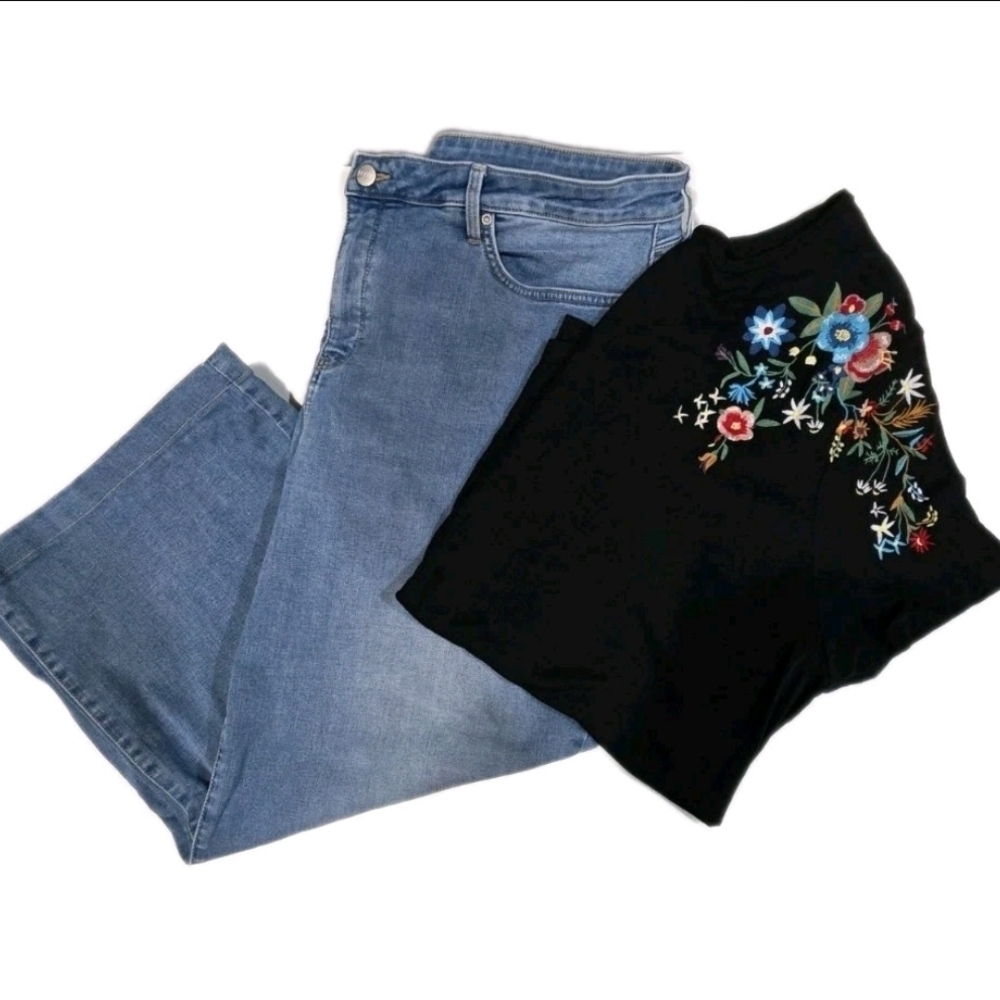 NYDJ Teresa Wide Leg jeans Black Embroidered Top Bundle 2